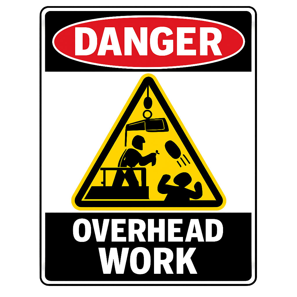 Danger sign with overhead work warning showing falling objects and worker on platform