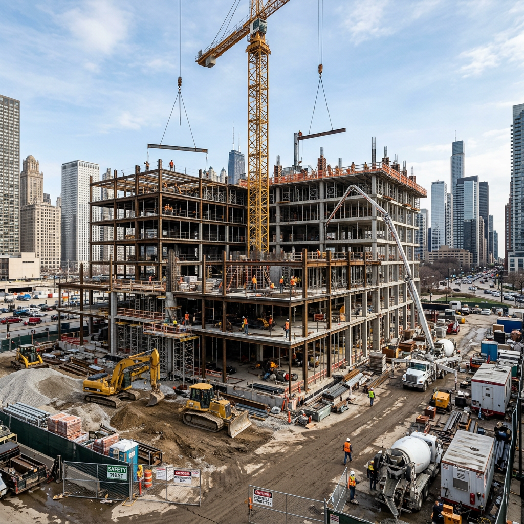 Construction site with multi-story steel framework and cranes in urban area